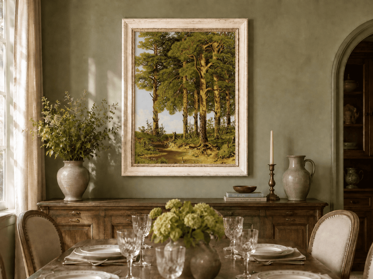 Framed hand-painted pine forest oil painting with a quiet stream displayed above a formal dining table.
