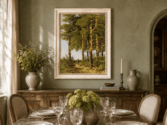 Framed hand-painted pine forest oil painting with a quiet stream displayed above a formal dining table.