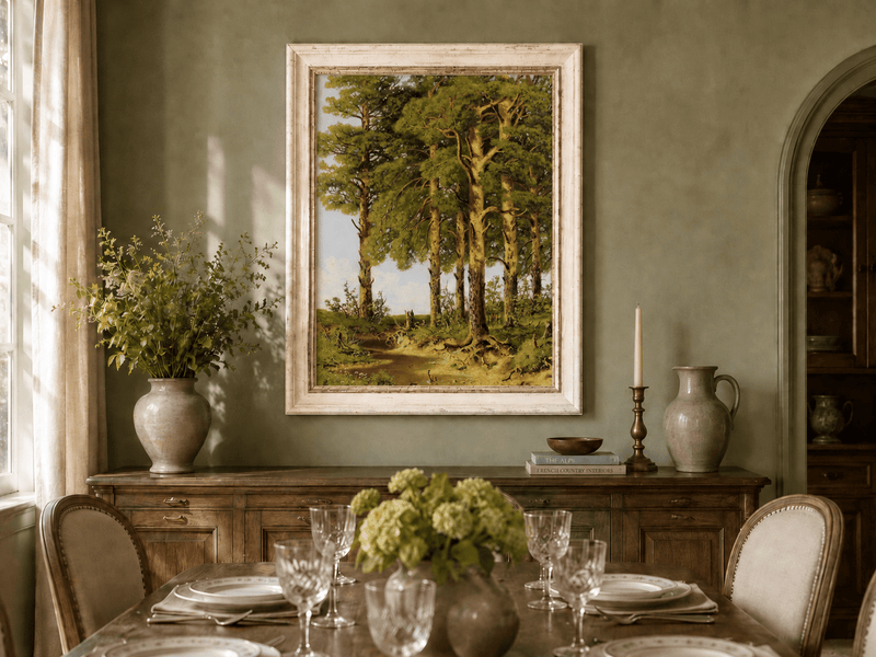 Framed hand-painted pine forest oil painting with a quiet stream displayed above a formal dining table.