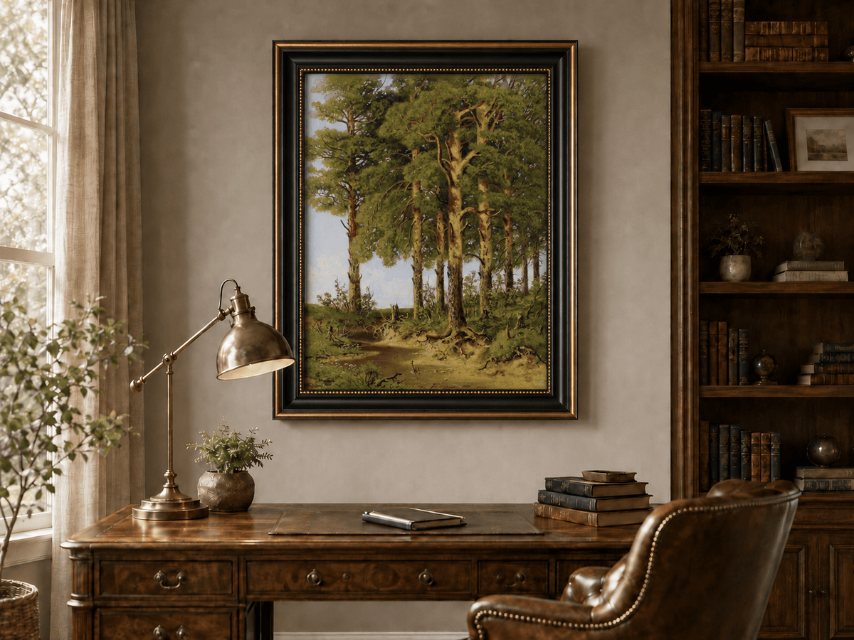 Framed hand-painted pine forest oil painting with a quiet stream displayed above a traditional home office desk.