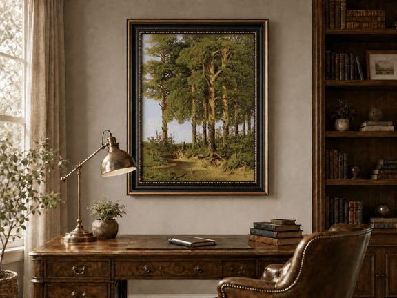 Framed hand-painted pine forest oil painting with a quiet stream displayed above a traditional home office desk.