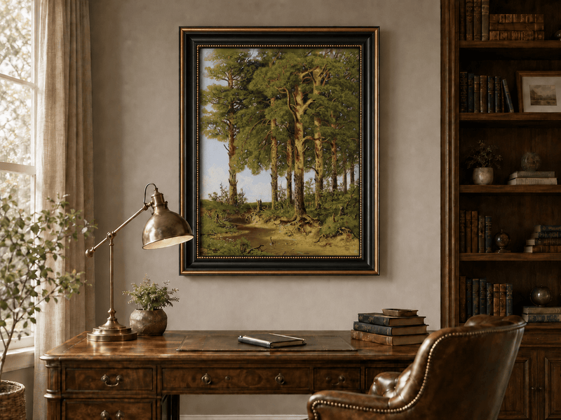 Framed hand-painted pine forest oil painting with a quiet stream displayed above a traditional home office desk.