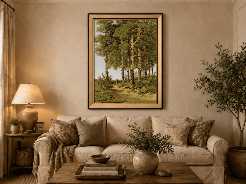Framed hand-painted pine forest oil painting with a quiet stream displayed above a neutral living room sofa.