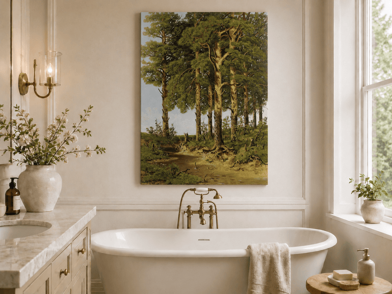 Unframed hand-painted pine forest oil painting with a quiet stream displayed above a freestanding bathtub.