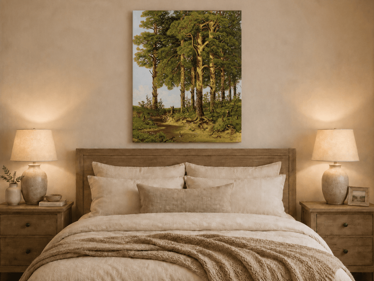 Unframed hand-painted pine forest oil painting with a quiet stream displayed above a wooden bed in a neutral bedroom.