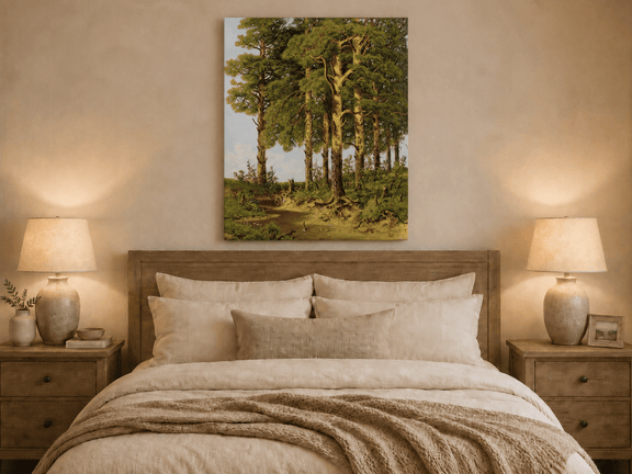 Unframed hand-painted pine forest oil painting with a quiet stream displayed above a wooden bed in a neutral bedroom.