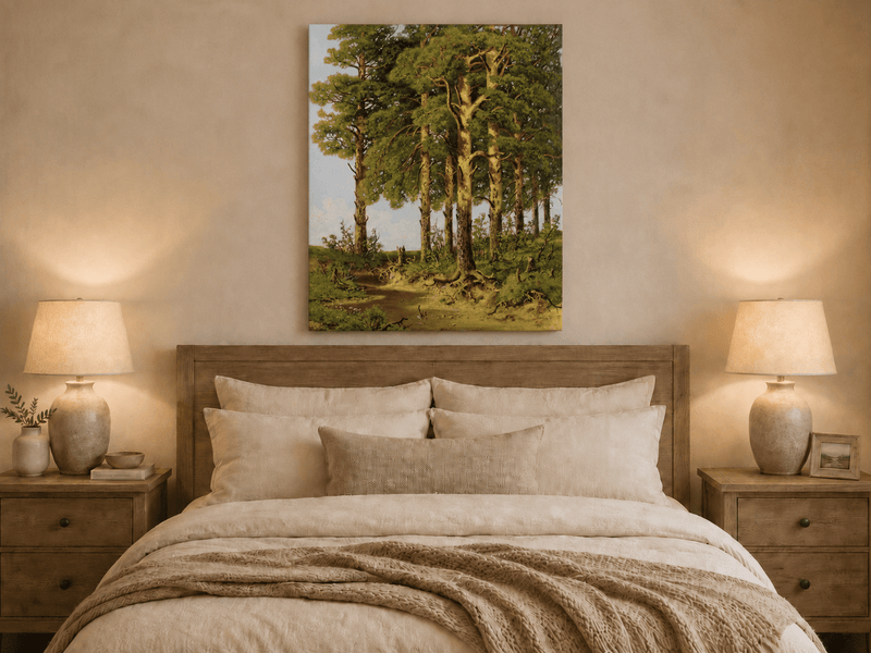 Unframed hand-painted pine forest oil painting with a quiet stream displayed above a wooden bed in a neutral bedroom.