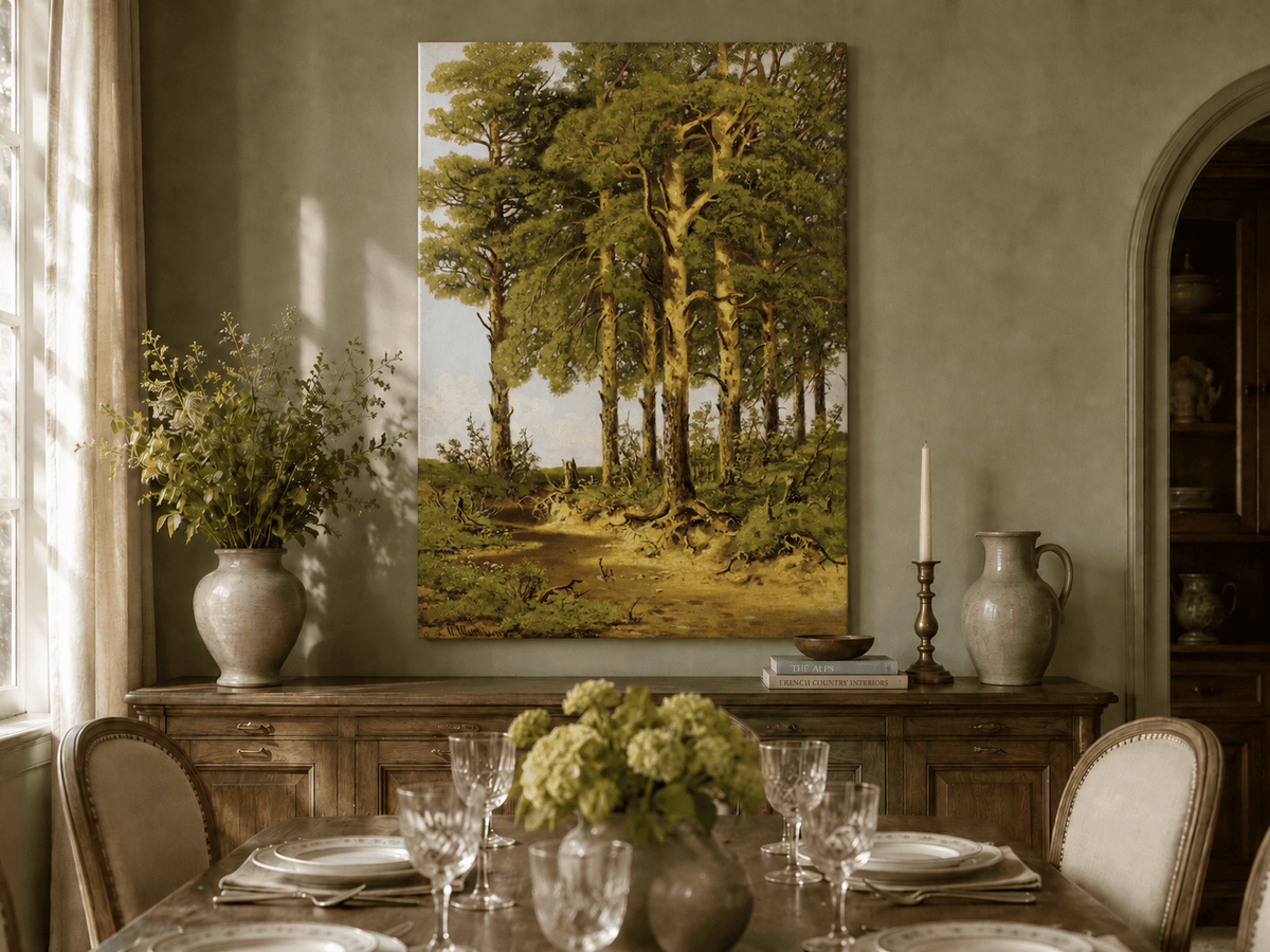 Unframed hand-painted pine forest oil painting with a quiet stream displayed above a formal dining table.
