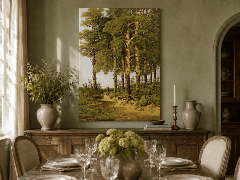 Unframed hand-painted pine forest oil painting with a quiet stream displayed above a formal dining table.
