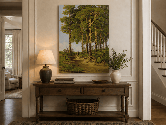 Unframed hand-painted pine forest oil painting with a quiet stream displayed above an entryway console table.