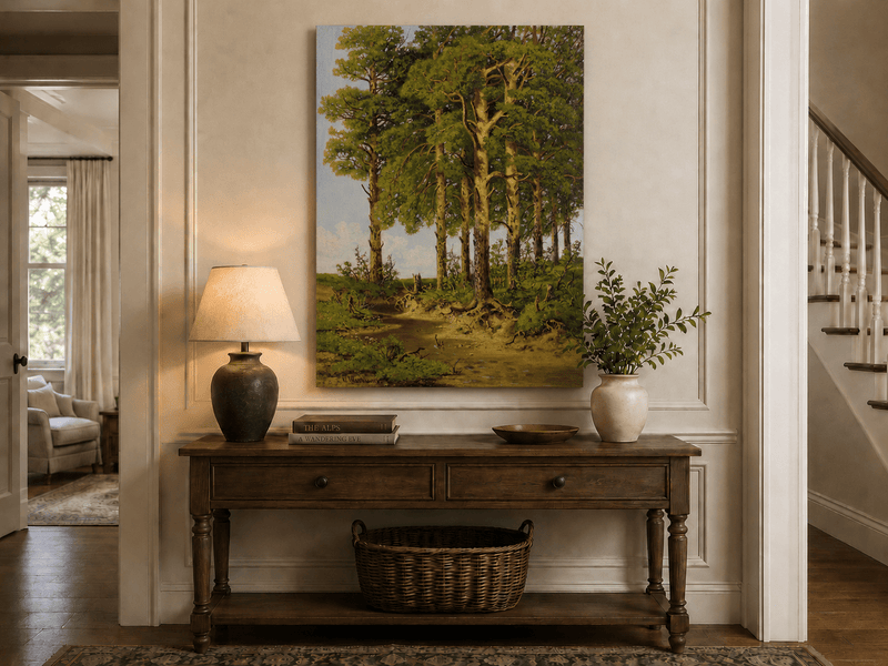 Unframed hand-painted pine forest oil painting with a quiet stream displayed above an entryway console table.