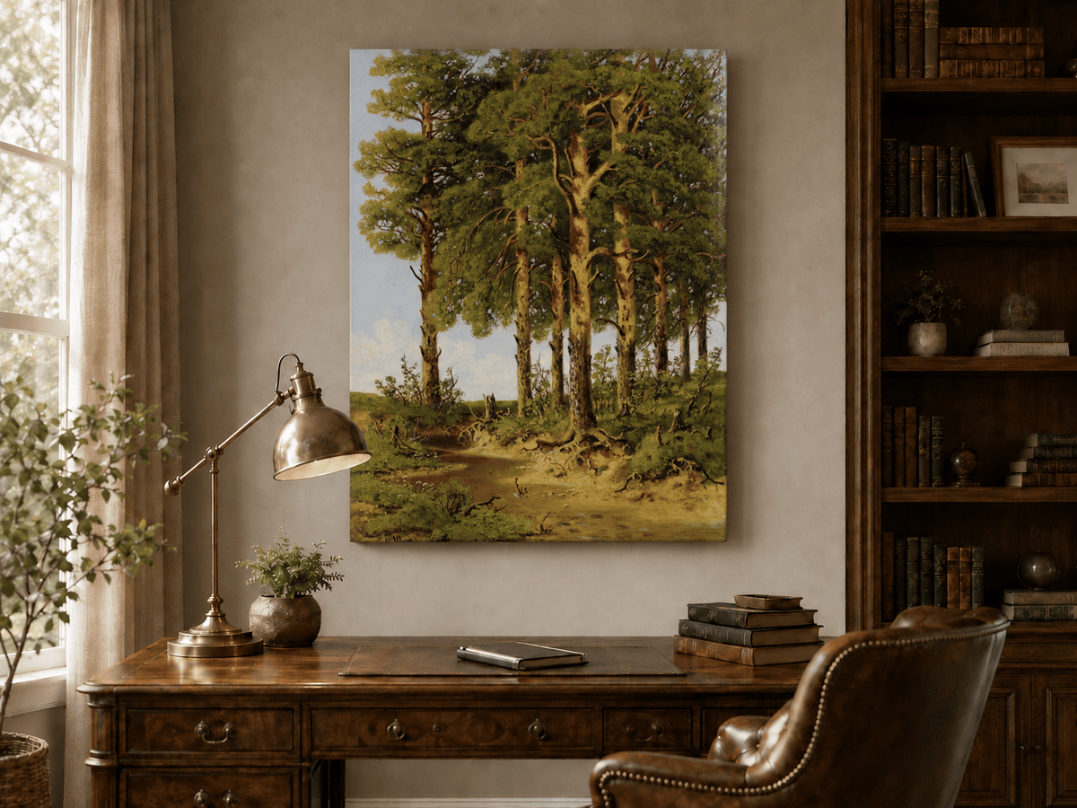 Unframed hand-painted pine forest oil painting with a quiet stream displayed above a traditional home office desk.