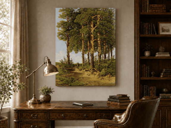 Unframed hand-painted pine forest oil painting with a quiet stream displayed above a traditional home office desk.