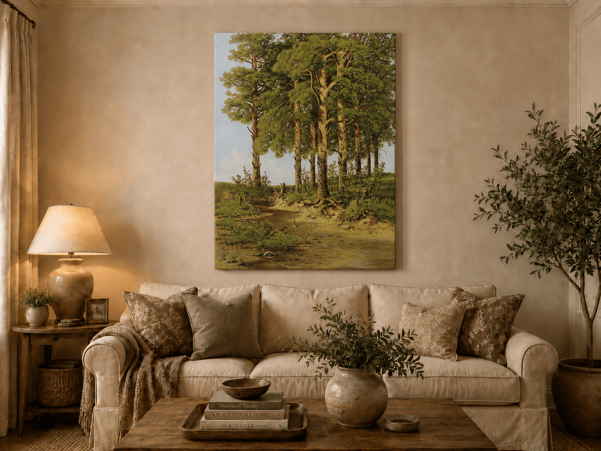 Unframed hand-painted pine forest oil painting with a quiet stream displayed above a neutral living room sofa.