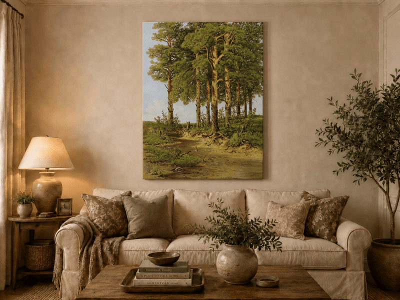 Unframed hand-painted pine forest oil painting with a quiet stream displayed above a neutral living room sofa.
