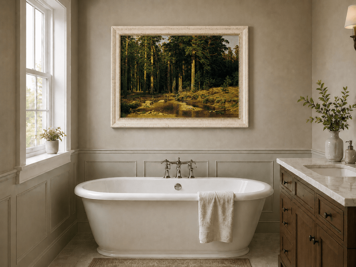 Framed hand-painted pine forest oil painting with a stream and rustic wooden bridge displayed above a freestanding bathtub.