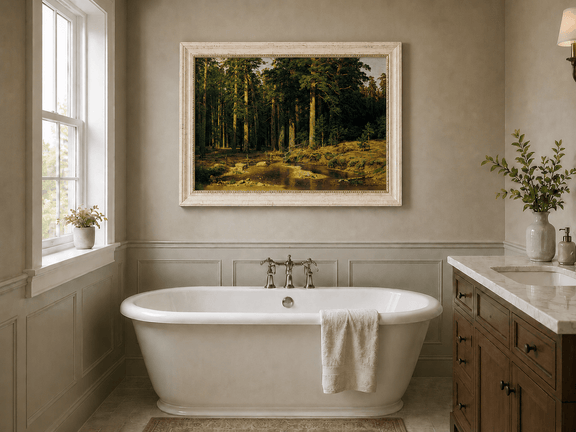 Framed hand-painted pine forest oil painting with a stream and rustic wooden bridge displayed above a freestanding bathtub.
