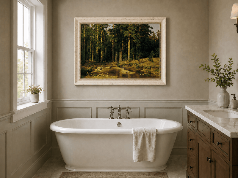 Framed hand-painted pine forest oil painting with a stream and rustic wooden bridge displayed above a freestanding bathtub.