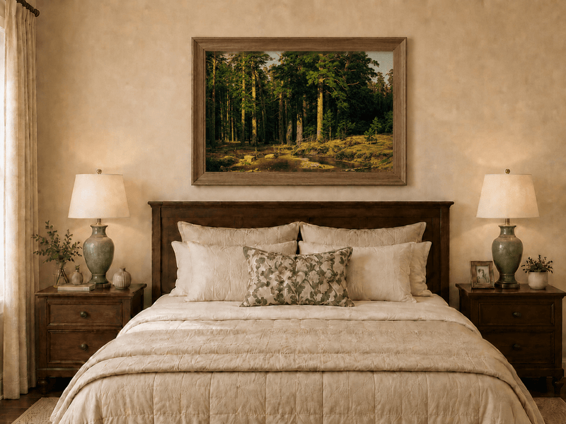 Framed hand-painted pine forest oil painting with a stream and rustic wooden bridge displayed above a wooden bed in a neutral bedroom.