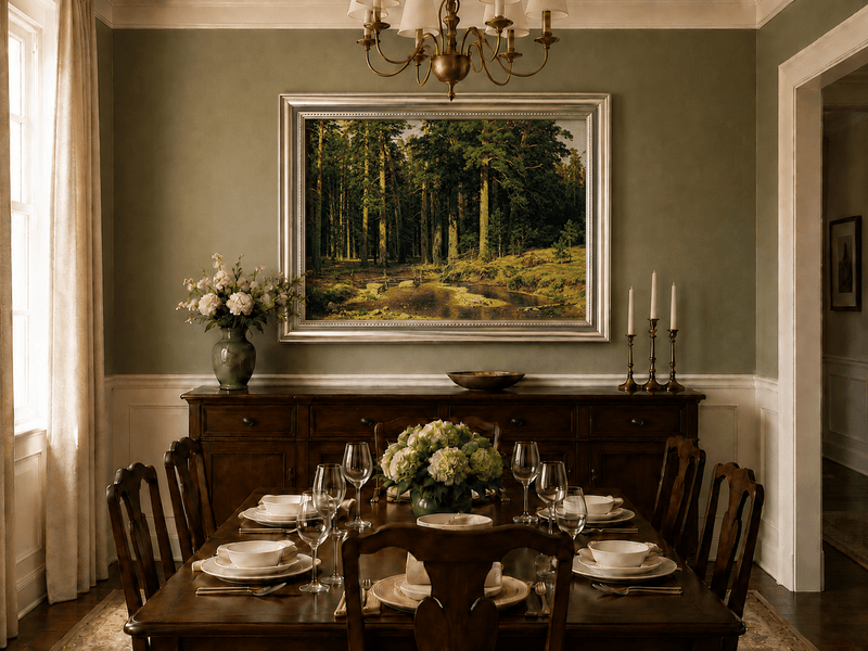 Framed hand-painted pine forest oil painting with a stream and rustic wooden bridge displayed above a formal dining table.