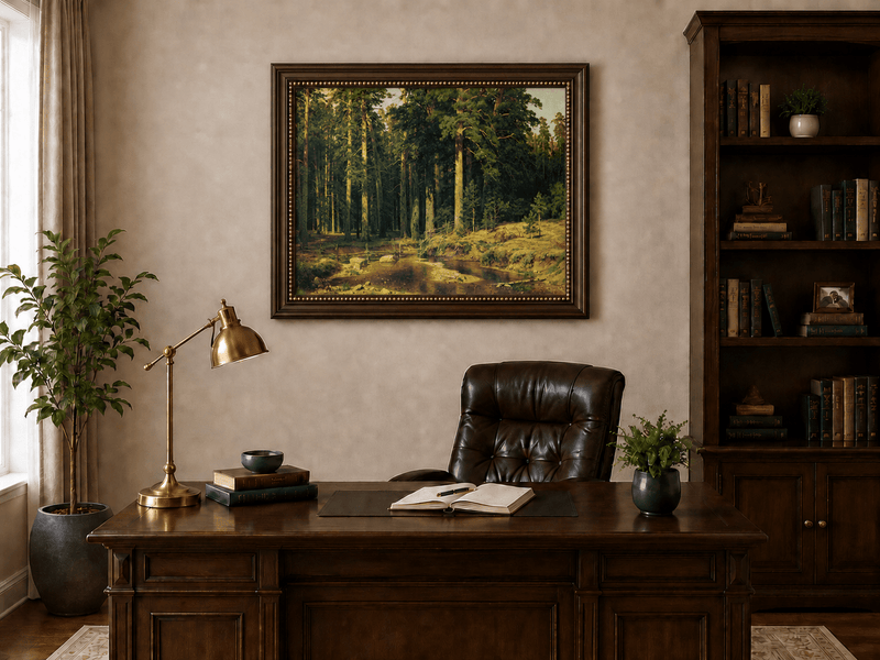 Framed hand-painted pine forest oil painting with a stream and rustic wooden bridge displayed above a traditional home office desk.