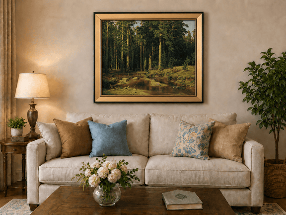 Framed hand-painted pine forest oil painting with a stream and rustic wooden bridge displayed above a neutral living room sofa.