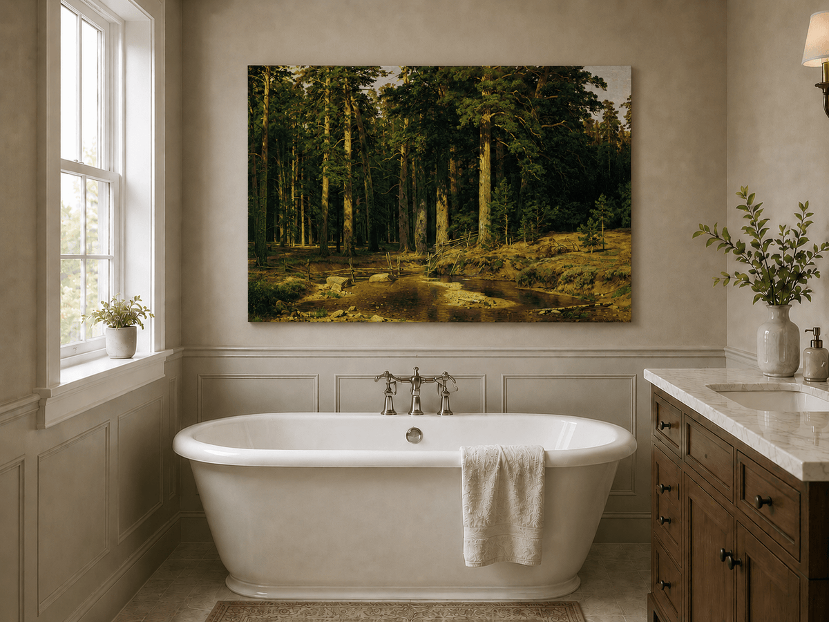 Unframed hand-painted pine forest oil painting with a stream and rustic wooden bridge displayed above a freestanding bathtub.