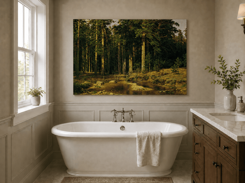Unframed hand-painted pine forest oil painting with a stream and rustic wooden bridge displayed above a freestanding bathtub.