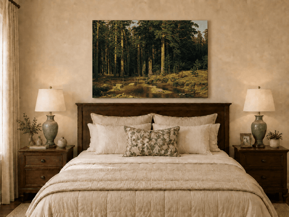 Unframed hand-painted pine forest oil painting with a stream and rustic wooden bridge displayed above a wooden bed in a neutral bedroom.