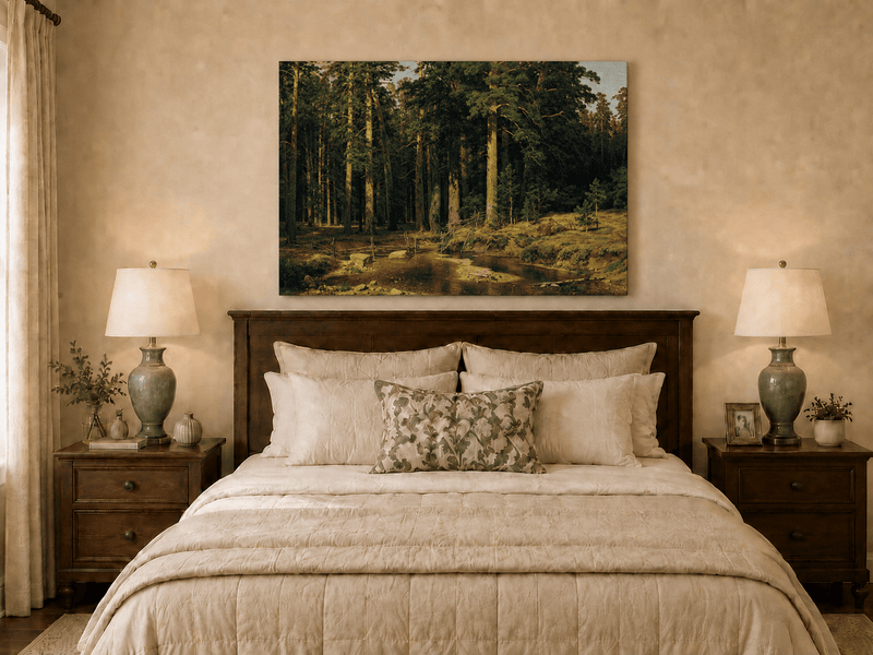 Unframed hand-painted pine forest oil painting with a stream and rustic wooden bridge displayed above a wooden bed in a neutral bedroom.