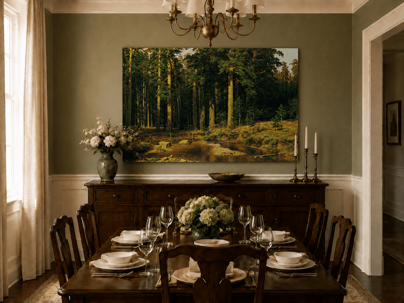 Unframed hand-painted pine forest oil painting with a stream and rustic wooden bridge displayed above a formal dining table.