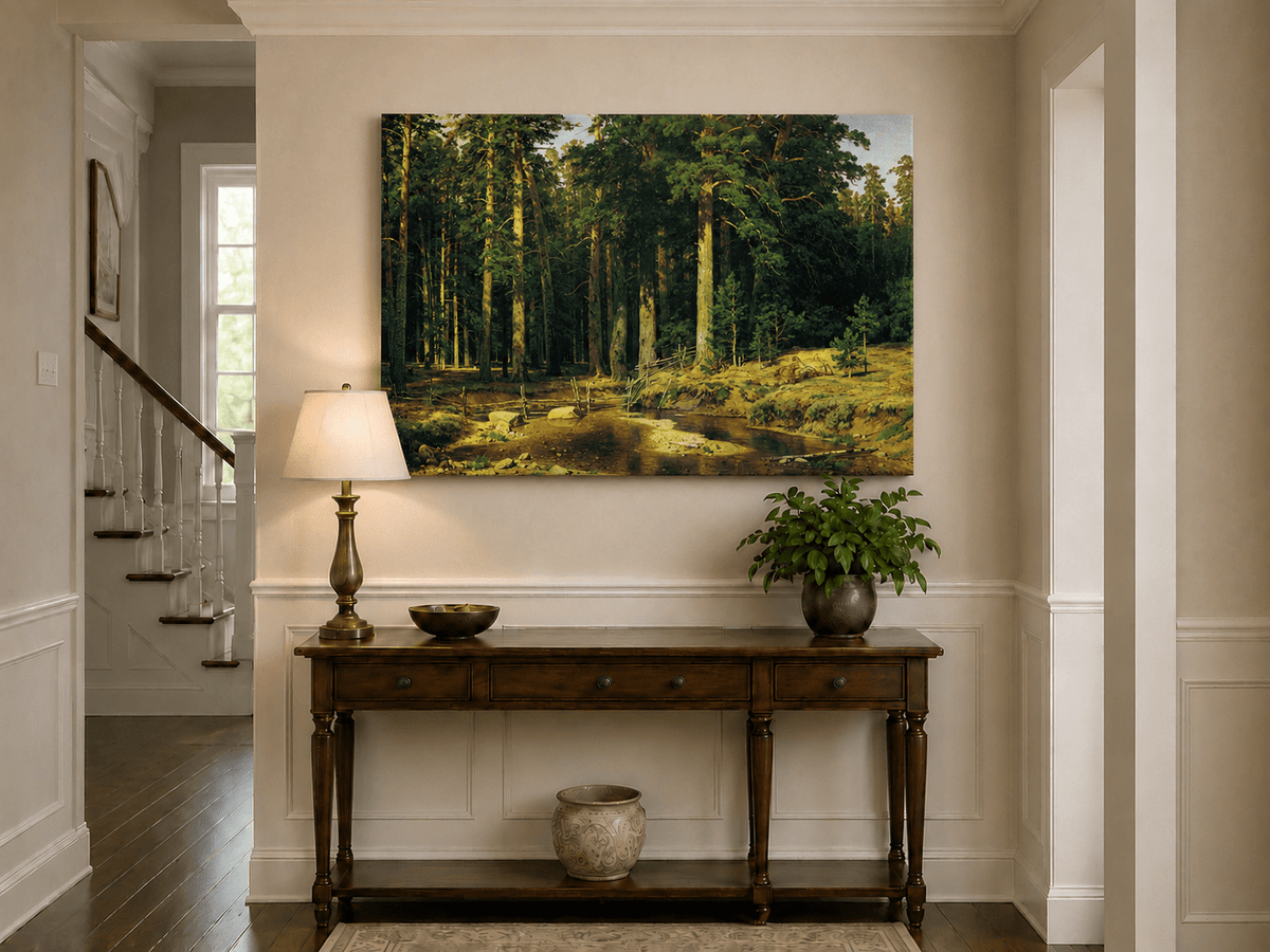 Unframed hand-painted pine forest oil painting with a stream and rustic wooden bridge displayed above an entryway console table.
