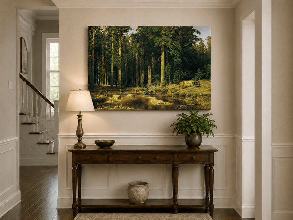 Unframed hand-painted pine forest oil painting with a stream and rustic wooden bridge displayed above an entryway console table.
