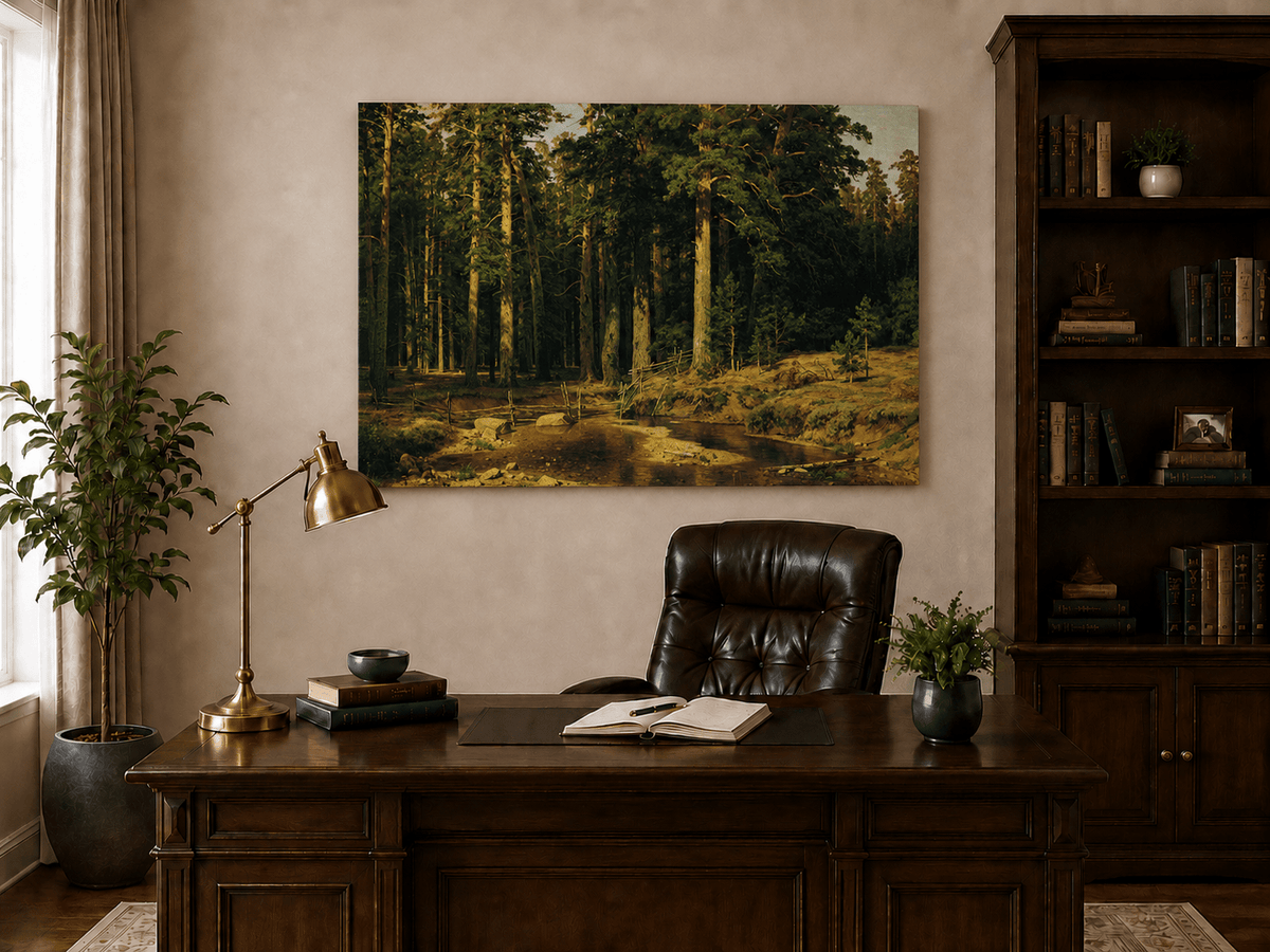 Unframed hand-painted pine forest oil painting with a stream and rustic wooden bridge displayed above a traditional home office desk.