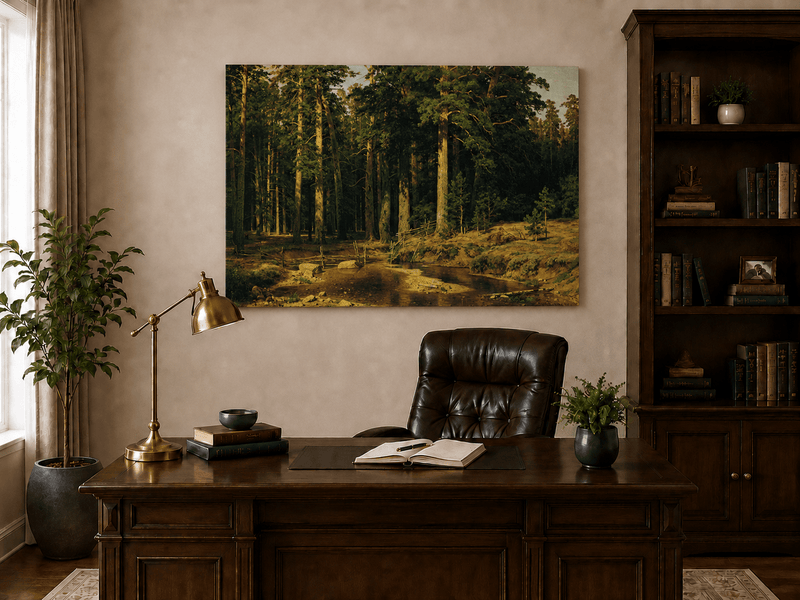 Unframed hand-painted pine forest oil painting with a stream and rustic wooden bridge displayed above a traditional home office desk.