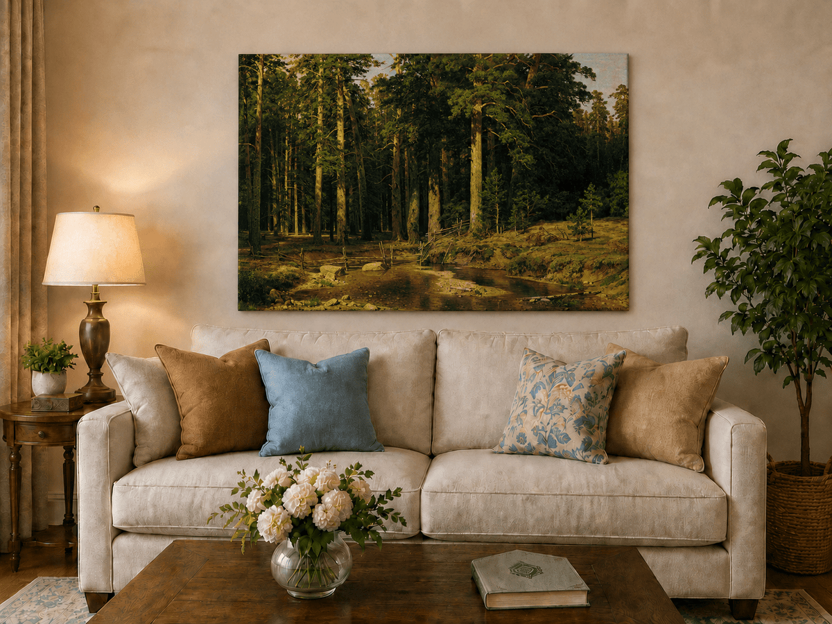 Unframed hand-painted pine forest oil painting with a stream and rustic wooden bridge displayed above a neutral living room sofa.