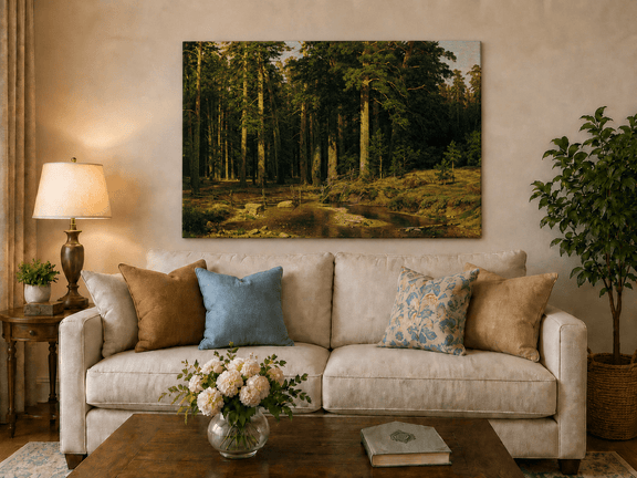 Unframed hand-painted pine forest oil painting with a stream and rustic wooden bridge displayed above a neutral living room sofa.