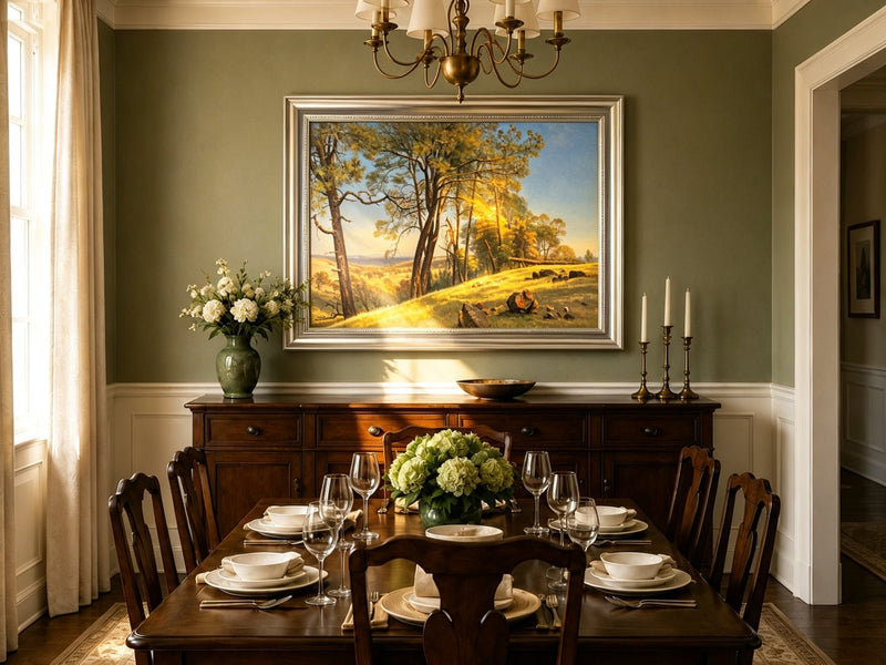 Framed hand-painted pine tree landscape oil painting on a bright sunlit hill displayed above a formal dining table.