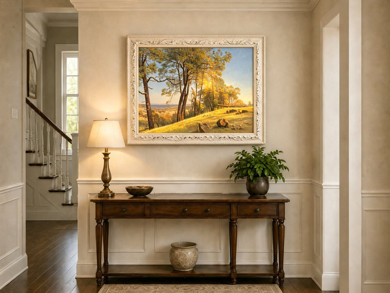 Framed hand-painted pine tree landscape oil painting on a bright sunlit hill displayed above an entryway console table.