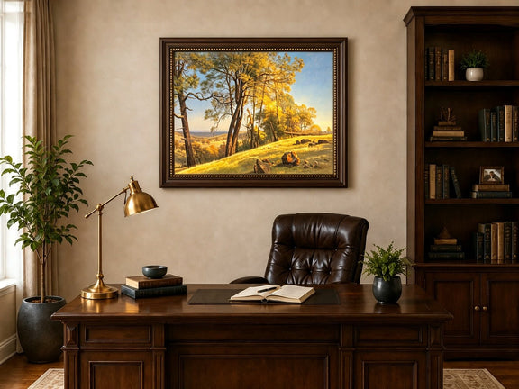 Framed hand-painted pine tree landscape oil painting on a bright sunlit hill displayed above a traditional home office desk.