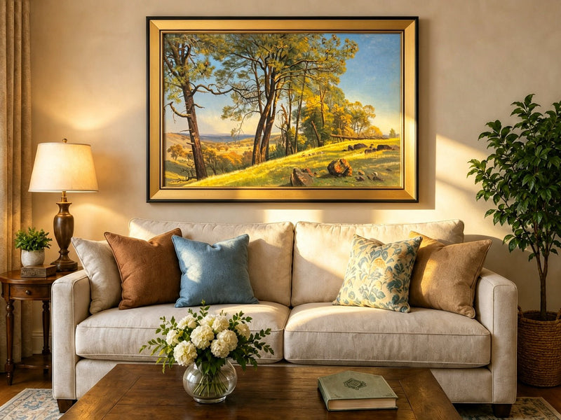 Framed hand-painted pine tree landscape oil painting on a bright sunlit hill displayed above a neutral living room sofa.