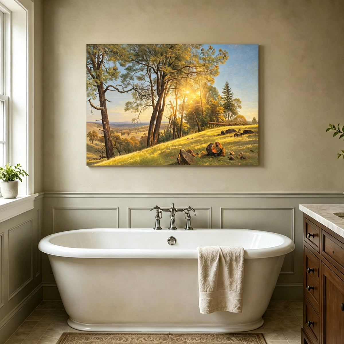Unframed hand-painted pine tree landscape oil painting on a bright sunlit hill displayed above a freestanding bathtub.