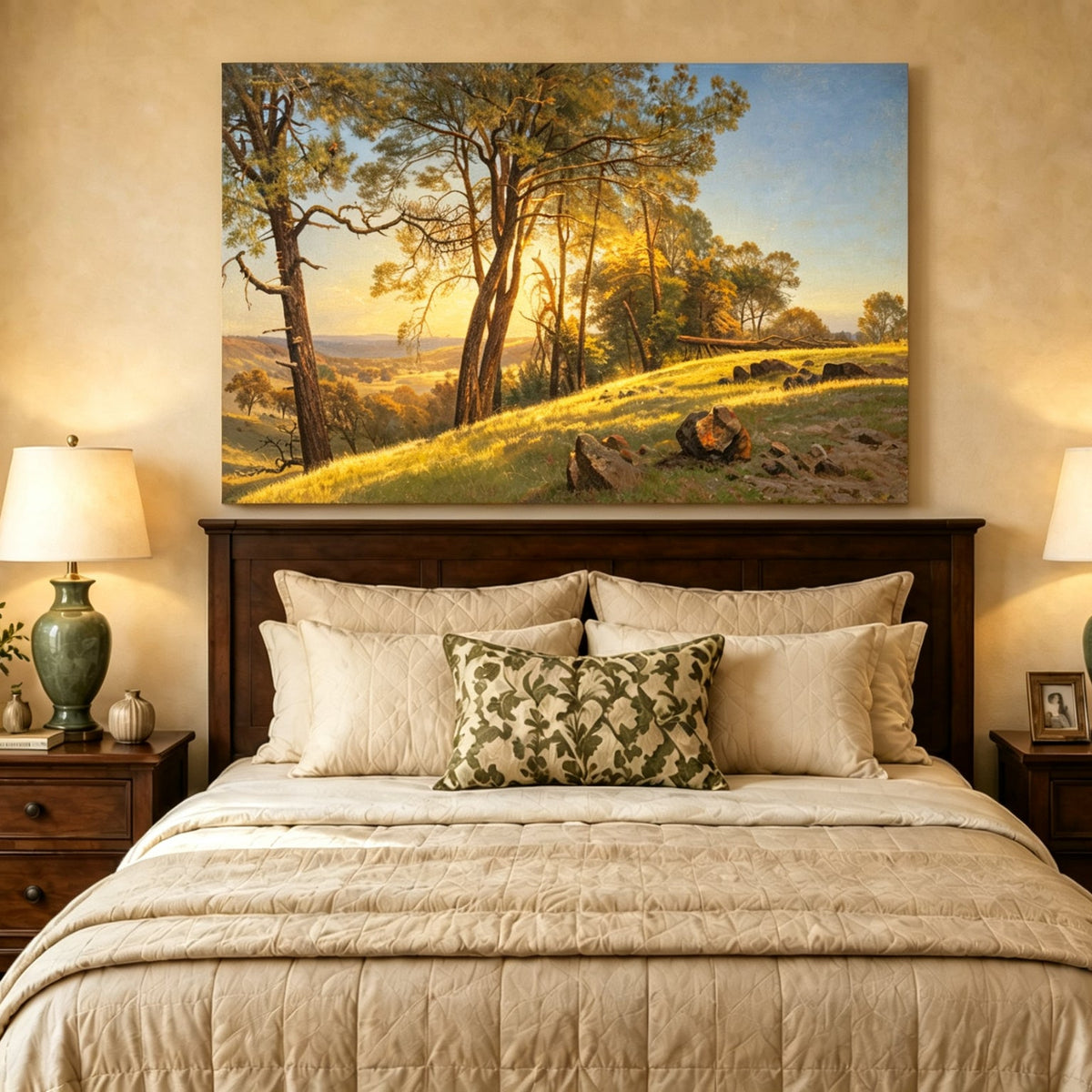 Unframed hand-painted pine tree landscape oil painting on a bright sunlit hill displayed above a wooden bed in a neutral bedroom.