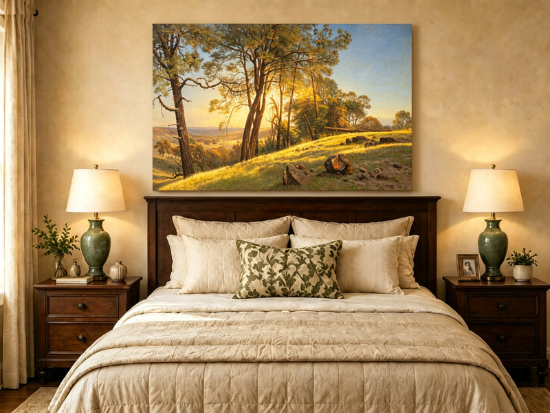 Unframed hand-painted pine tree landscape oil painting on a bright sunlit hill displayed above a wooden bed in a neutral bedroom.