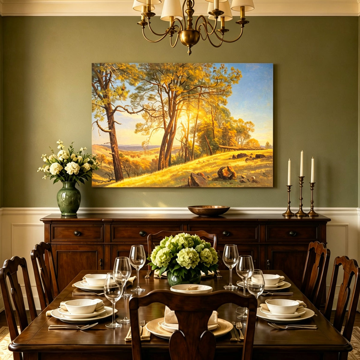 Unframed hand-painted pine tree landscape oil painting on a bright sunlit hill displayed above a formal dining table.