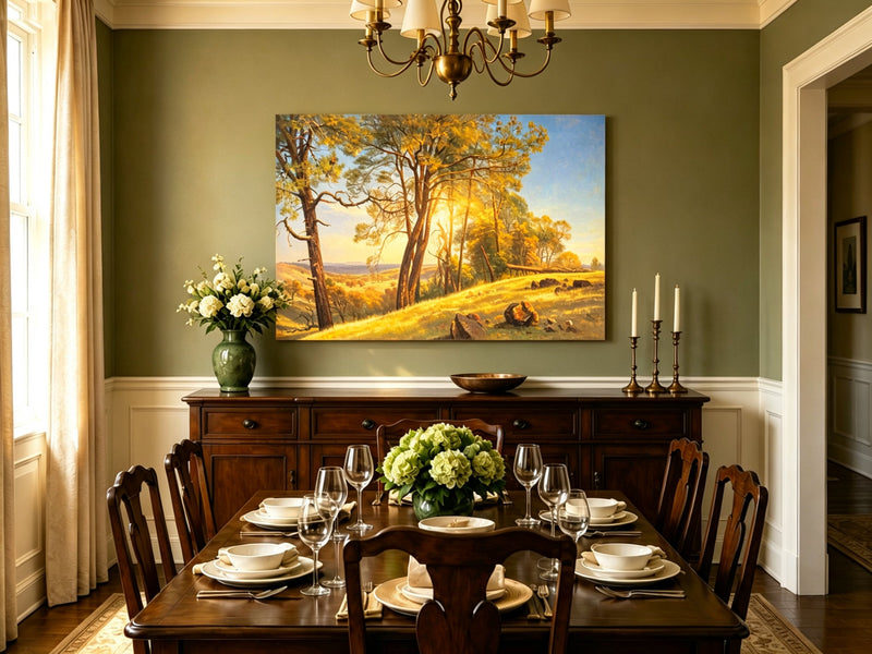 Unframed hand-painted pine tree landscape oil painting on a bright sunlit hill displayed above a formal dining table.