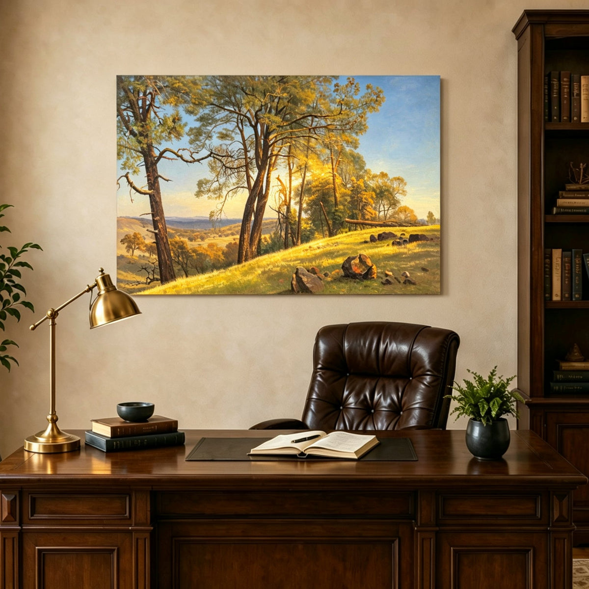 Unframed hand-painted pine tree landscape oil painting on a bright sunlit hill displayed above a traditional home office desk.