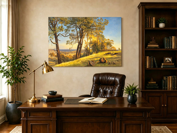 Unframed hand-painted pine tree landscape oil painting on a bright sunlit hill displayed above a traditional home office desk.