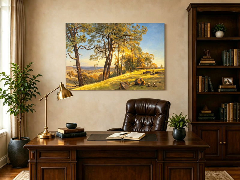 Unframed hand-painted pine tree landscape oil painting on a bright sunlit hill displayed above a traditional home office desk.