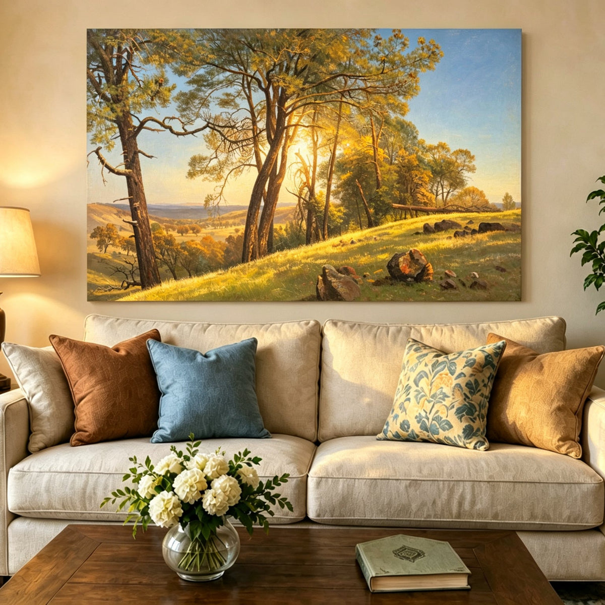 Unframed hand-painted pine tree landscape oil painting on a bright sunlit hill displayed above a neutral living room sofa.